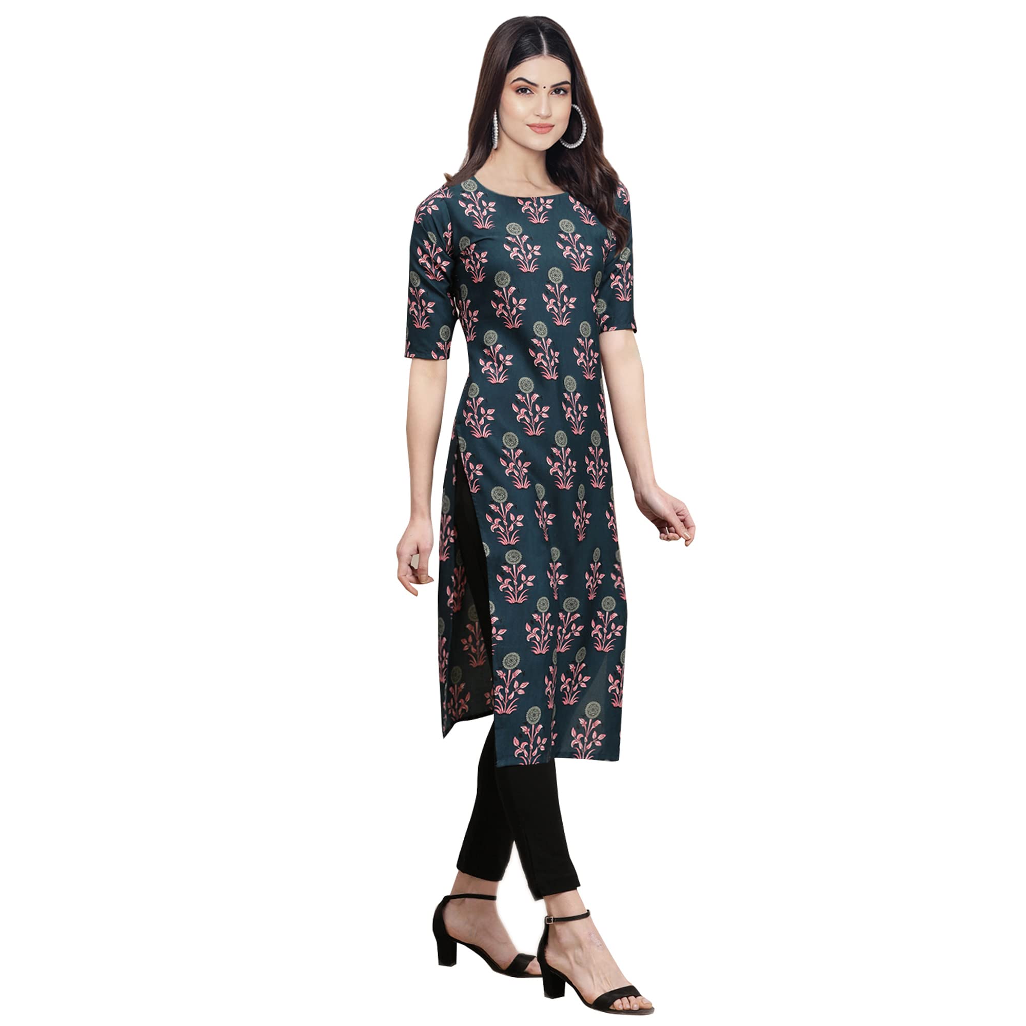 Pinkmint Women's Crepe Teal Color Floral Printed Straight Kurti (530335-M)