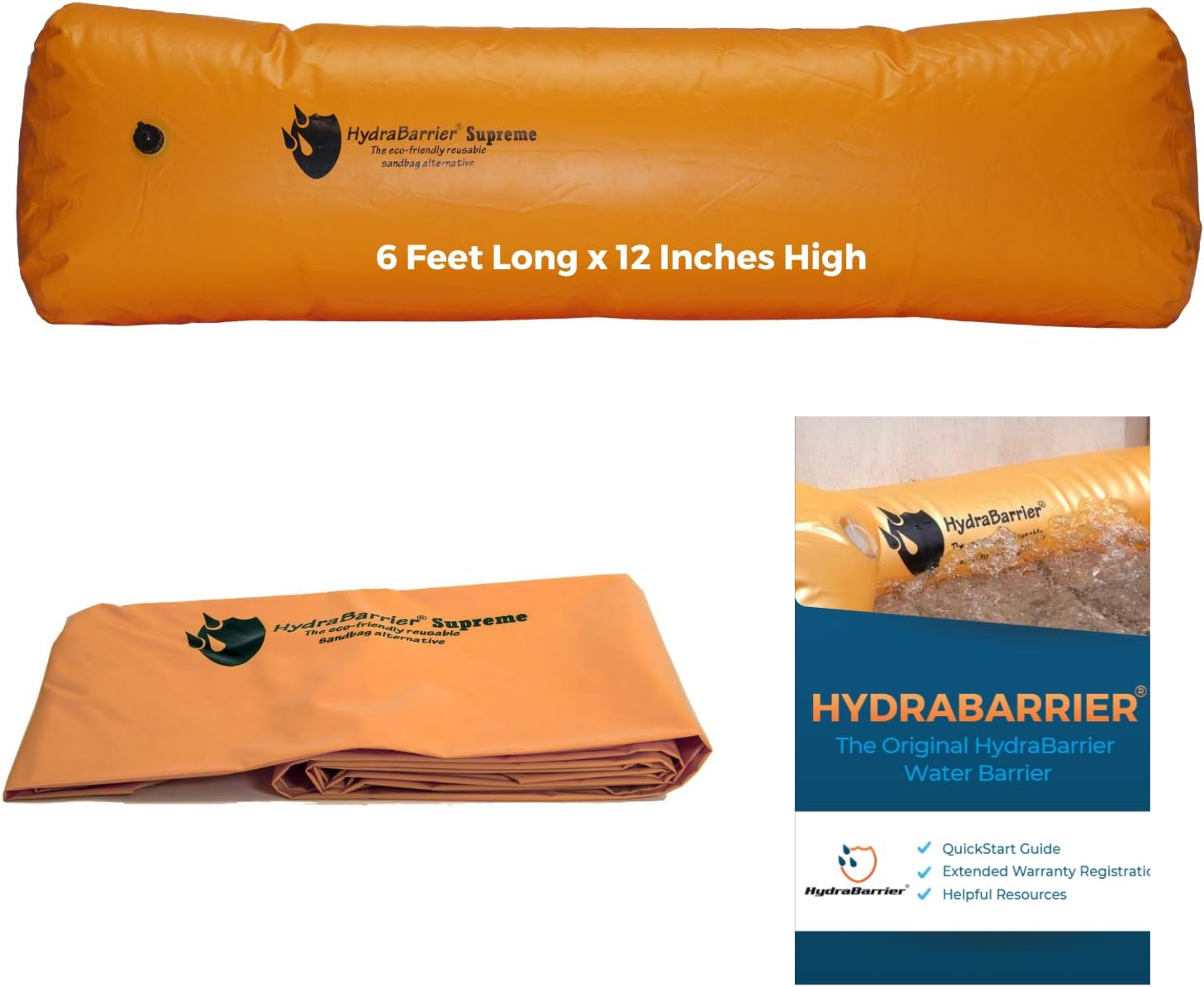 Watershed Innovations Best Sandbag Alternative - HydraBarrier Supreme 6 Foot Length 12 Inch Height - Water Diversion Tube - Light, Re-usable, & Eco-Friendly Flood Barrier (Single Unit)