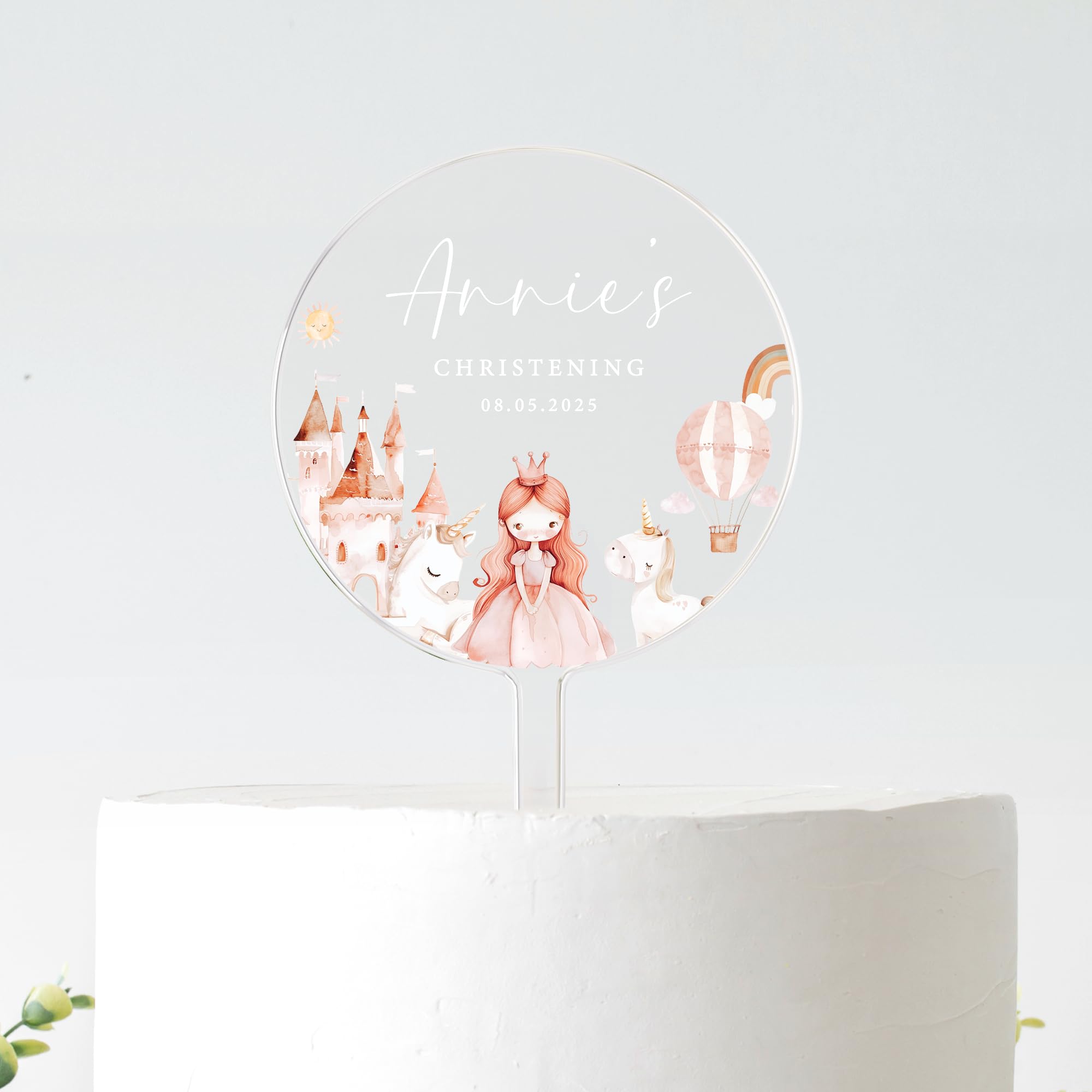 Personalised Princess Christening Cake Topper | Fairytale Castle Baptism Decoration | Custom Name & Date | Frosted Acrylic | 10cm or 12cm (WHITE TEXT, 12CM)