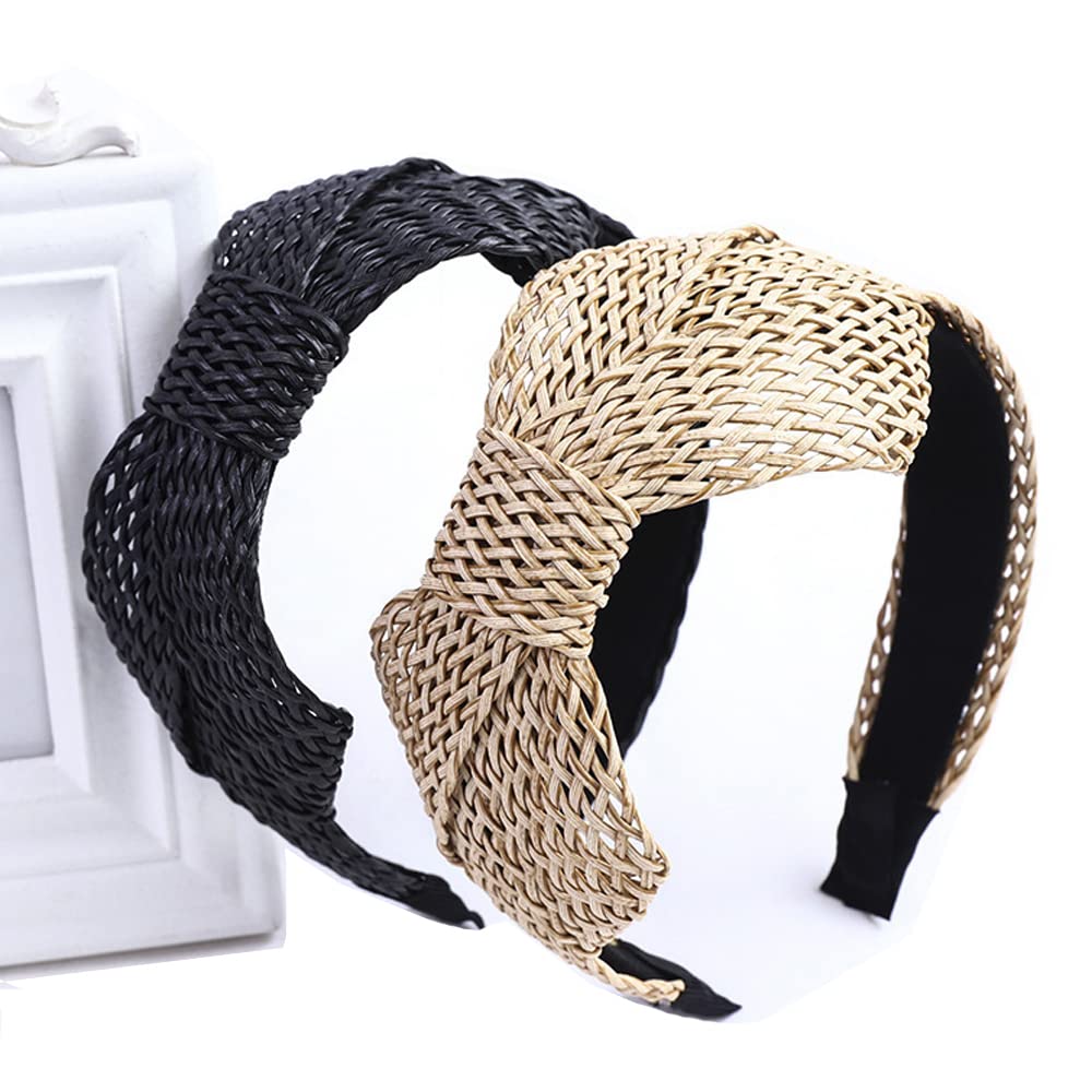 i-lan 2 Pack Rattan Headbands with Bowknot,Comfy Black Beige Head Bands with 2 Inch Width,Boho Padded Hair Band Headwear Hoop for Girls,Ladies,Women
