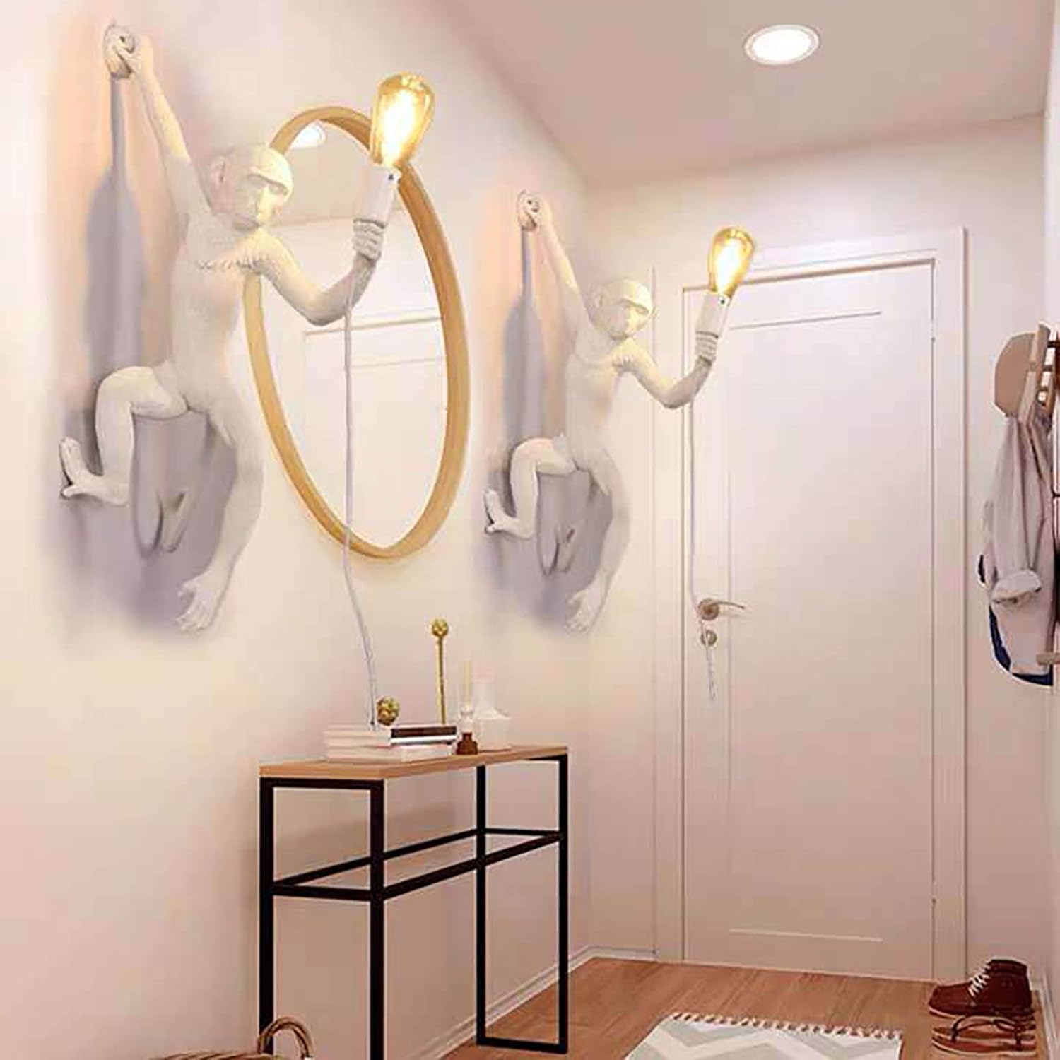 YIYIBYUS Monkey Wall Lamp, Vintage Resin Monkey Form Wall Lamp, Nordic Light Retro Resin Monkey Light Fixture, Modern Wall Lighting E26(Not Included) for Dining Living Room Bedroom (White)