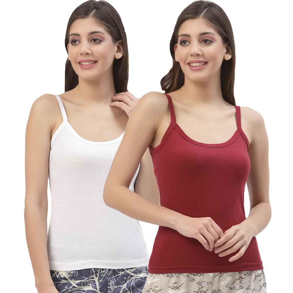 floret Women's Cotton Scoop-Neck Sleeveless Camisole Slip Non-Adjustbale Straps Spaghetti (Pack of 2) Magenta & Peach-picture-3