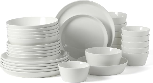 Martha Stewart Selma Plates and Bowls Sets, 30-Piece Porcelain Dinnerware Set for 6, White Dish Set with Dinner Plates, Dessert Plates, Pasta Bowls, Cereal & Fruit Bowls