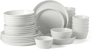 Martha Stewart Selma Plates and Bowls Sets, 30-Piece Porcelain Dinnerware Set for 6, White Dish Set with Dinner Plates, Dessert Plates, Pasta Bowls, Cereal & Fruit Bowls