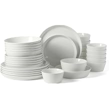 Martha Stewart Selma Plates and Bowls Sets, 30-Piece Porcelain Dinnerware Set for 6, White Dish Set with Dinner Plates, Dessert Plates, Pasta Bowls, Cereal & Fruit Bowls
