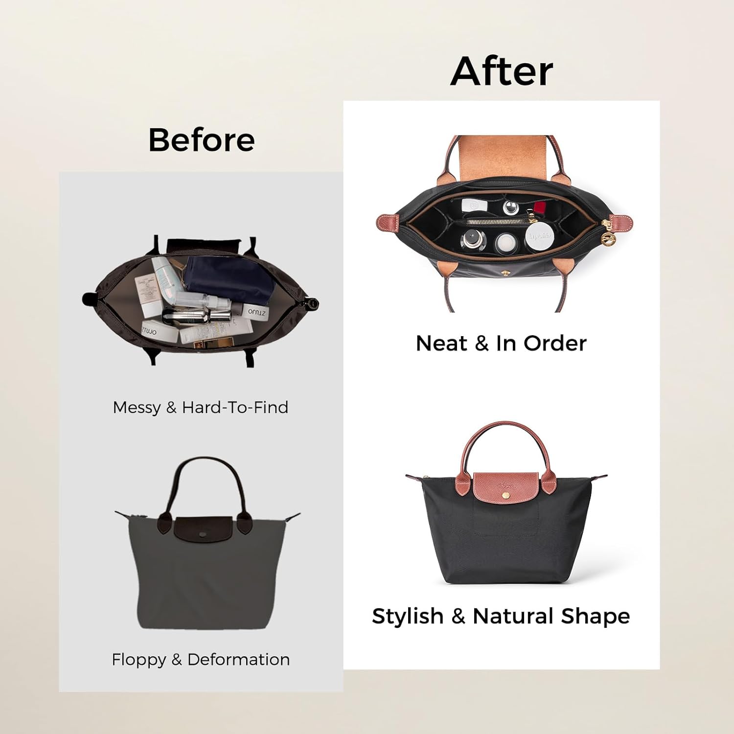 ZTUJO Purse Organizer Insert For Le Pliage, Compatible with Longchamp Le Pliage Shoulder Bag S/L, Top Handle S/M,Energy S/L, Xtra S, Longchamp Organizer Insert (Black, Small) - Image 7