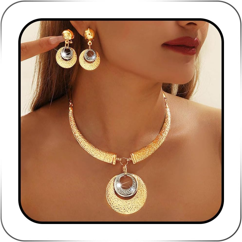 Sixexey Gold African Jewelry Set Chunky Collar Necklace Earrings Africa Festival Costume Jewelry for Women