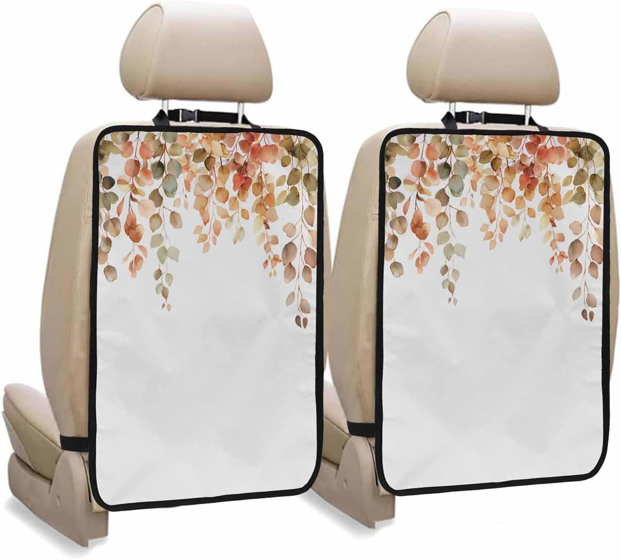 Car Seat Protector, 2 Pack Kick Mats with Organizer - 3 Pocket Storage, Fall Thanksgiving Retro Autumn Leaves Linen Texture Back Seat Cover for Kids Universal Fit Automotive Interior Protectors