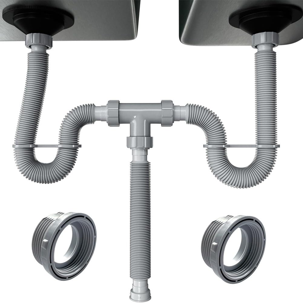 Kit di scarico doppio per lavello regolabile con sifone a P, tubo flessibile in plastica da 20-80 cm, lavello da 1-1/2 e 1-1/4", grigio