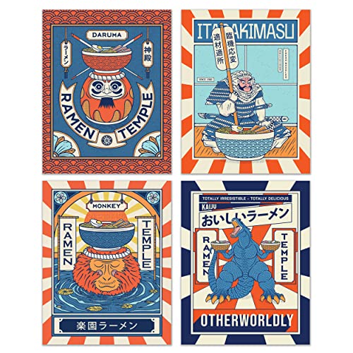Japanese Ramen Prints - Set Of 4 (11X14 Inches) Glossy Traditional Pop Culture Anime Kaiju Daruma Hot Spring Monkey Samurai Wall Art Decor - Pop Art Abstract Folklore Restaurant #TOP7
