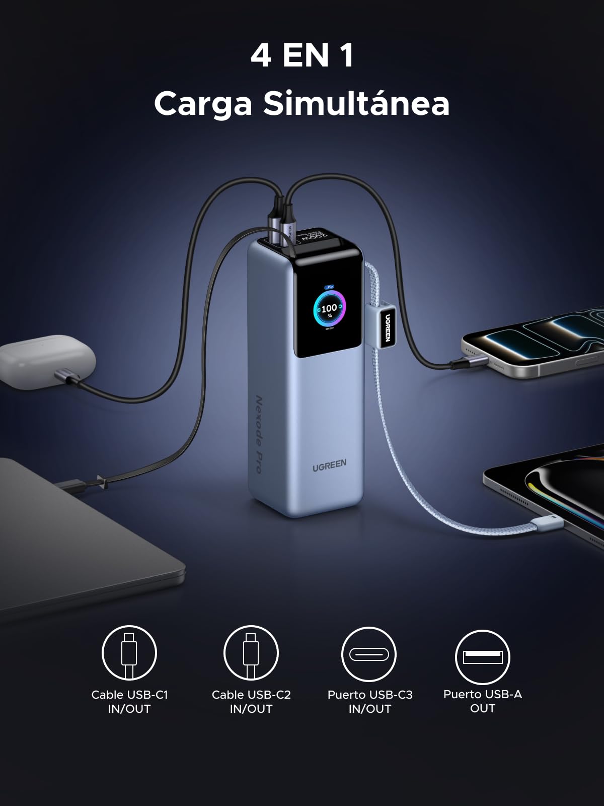 UGREEN Nexode Pro 200W Power Bank 25000mAh Batería Externa USB C PD 100W | Carga Rápida, 4 EN 1, 2 Cables, 2 Puertos 1C1A, Pantalla TFT, Cargador Portátil PC, Compatible con iPhone 17 16 15 Galaxy S26