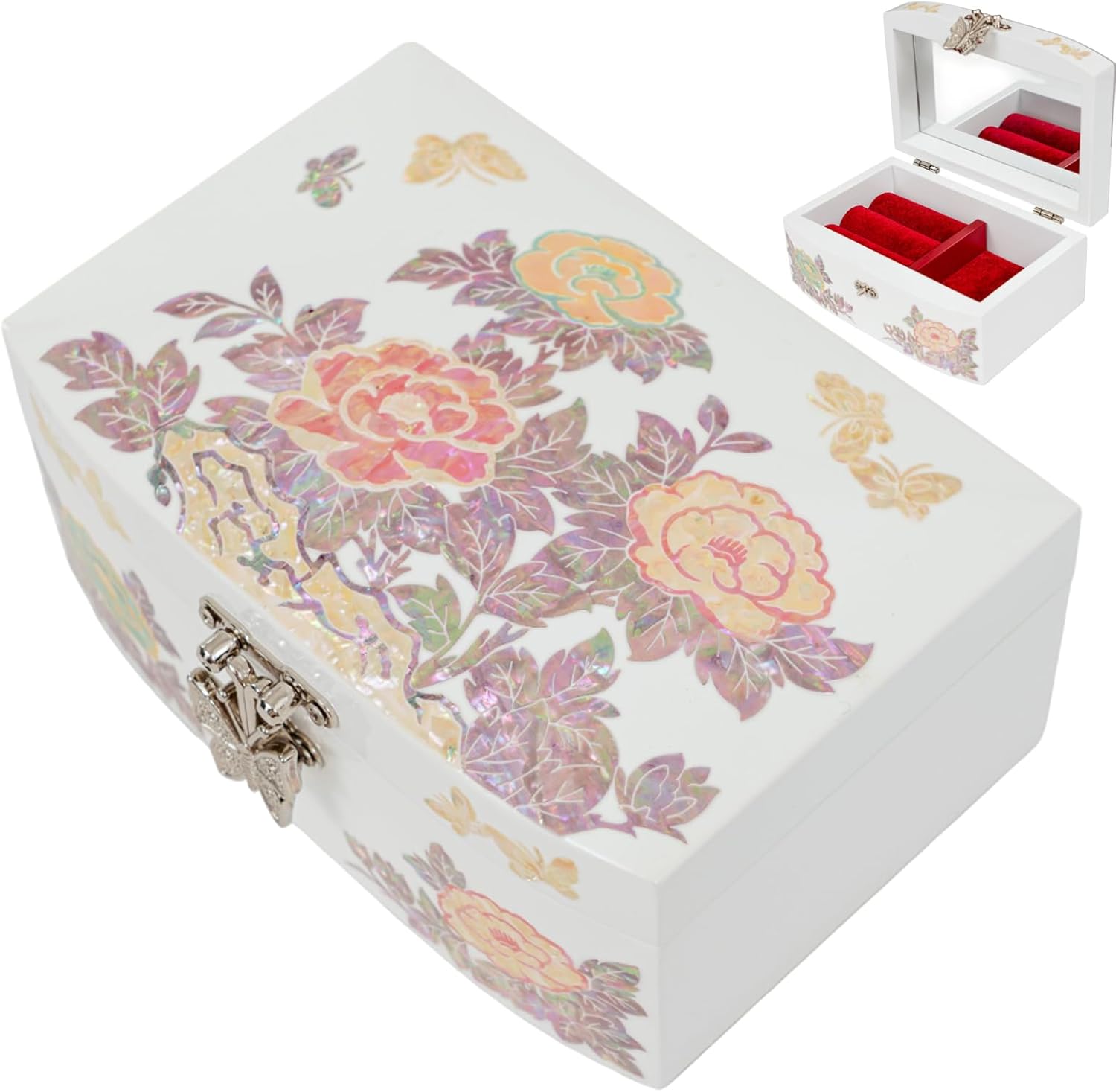 February Mountain Mother of Pearl Small Jewelry Box for Women Girl Wife Display for Earrings Bracelets Rings Watches Anniversary Birthday Christmas Gifts for Women (White_Flowers)