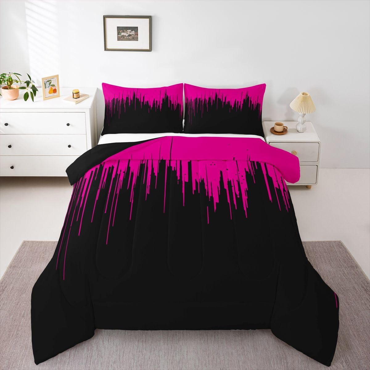 Feelyou Kids Hot Pink Black Comforter Set Twin Size Ombre Stripes Bedding Set Set for Boys Teens Decor Abstract Art Comforter Modern Design Duvet Set Bedroom Geometric Quilt Set 2Pcs