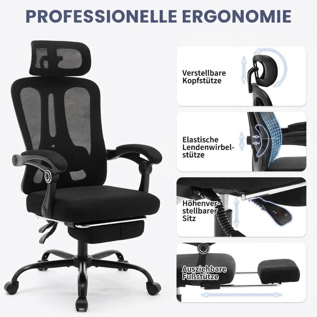 Ergonomischer Bürostuhl Mit Fußstütze, Hoher Mesh-Rücken Schwarz