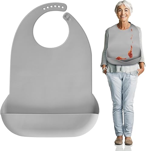 Miniatura 9 de Baberos para adultos Kinggrand Kitchen para hombres, mujeres, ancianos - Babero de silicona para adultos para comer - Baberos lavables con recogedor