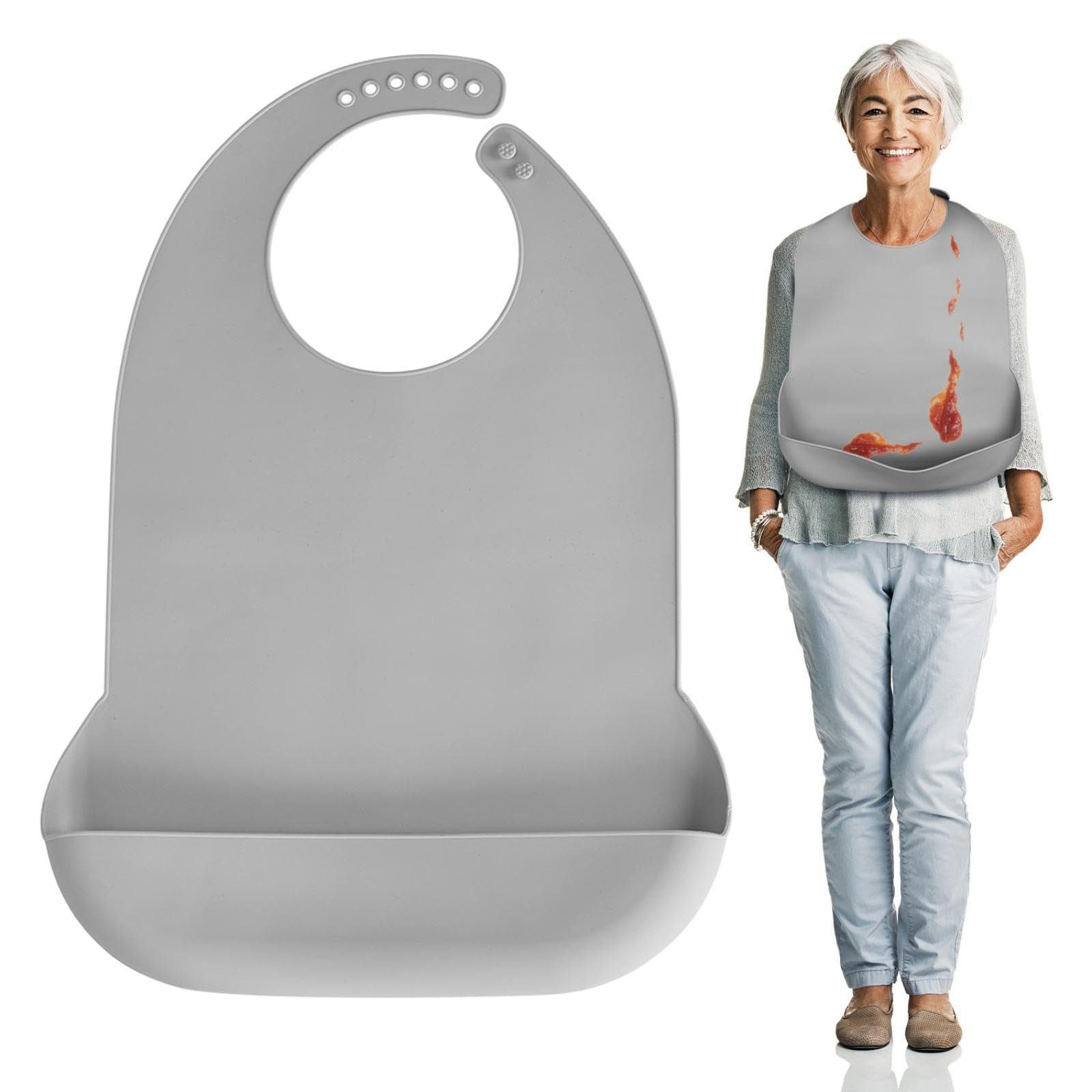 Kinggrand Kitchen Unisex Gray Adult Bibs For Eating - Silicone Bibs For Men, Women Elderly - Washable Adult Bib With Crumb Catcher (Gray)