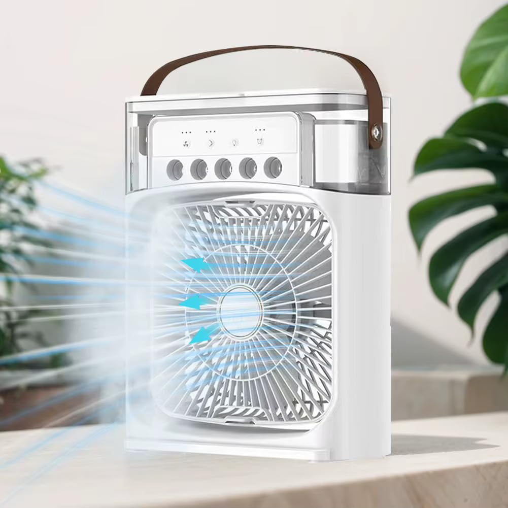 Przenośny klimatyzator 5 w 1 - chłodzenie, nawilżanie, aromaterapia, światło nocne, wentylacja; zbiornik 600 ml, głowica obrotowa 180°, 26 × 21 cm, USB | FRIOZA