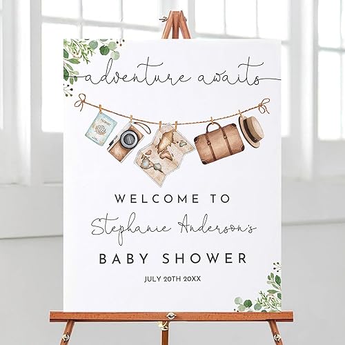 Letrero de bienvenida para baby shower de aventura espera, cartel de viaje para baby shower