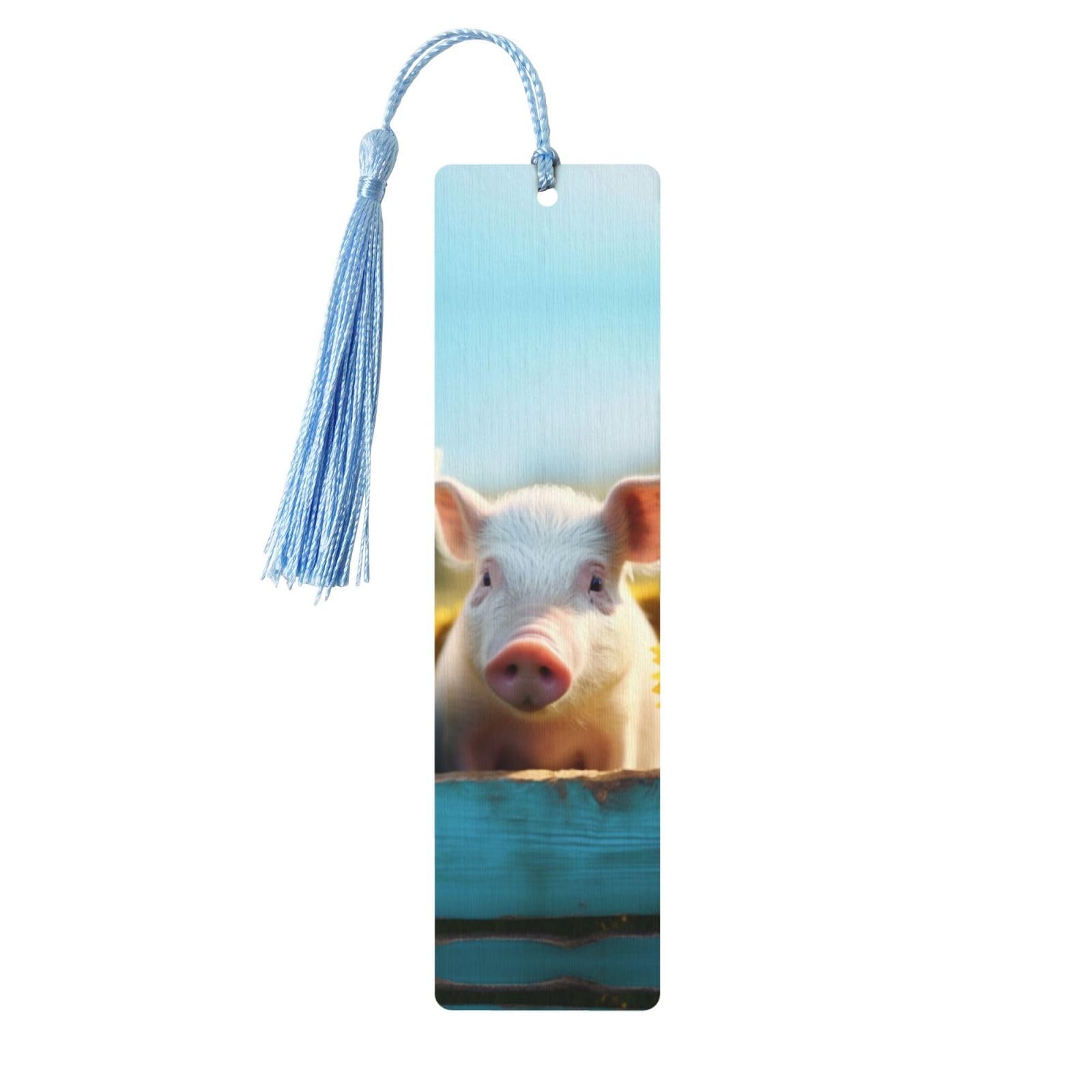Cute Pigs Double-Sided Print Cute Pigs Bookmarks Wooden Book Marks with Sky Blue Tassel, Autumn Sunflowers Lightweight Page Markers Reading Accessories