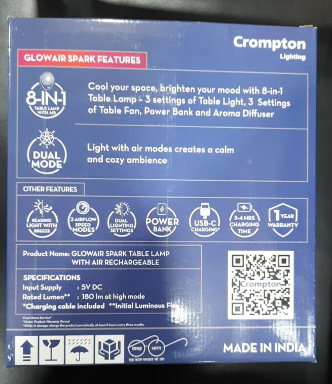 Image of Crompton Glowair Spark Table Lamp with Air Rechargeable | 8 in 1 settings | Built in Aroma Diffuser