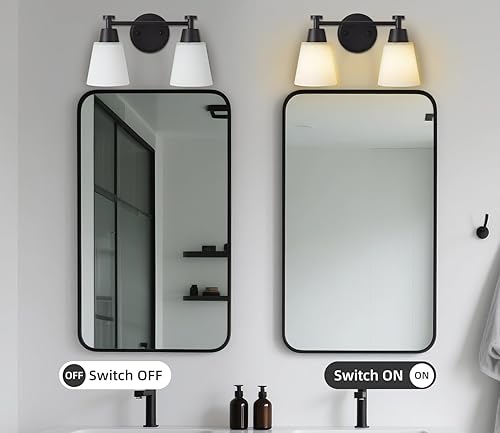 Miniatura 4 de Lámpara de tocador de baño, 2 luces modernas de acero inoxidable negro mate sobre espejo con vidrio esmerilado, apliques de pared para dormitorio,