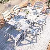 THOEOE 7 Piece Outdoor Dining Set, Patio Dining Table and 6 Chairs, All-Aluminum Frame, All-Weather HDPE Outdoor Furniture with Umbrella Hole for Garden, Lawn, Poolside, White