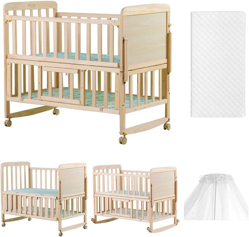 HCLSHOP Wooden Baby Crib 6 In1 Baby Bassinet Newborn Bedside Sleeper with Mattress and Mosquito Net Convertible Portable Newborn Bed 3 Level Height Adjustment for Infant 40"x23.6"x35.4"