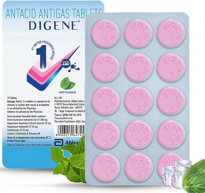 Digene 60 chewable Antacid Tablets Sugar Free Mint Flavour Fast