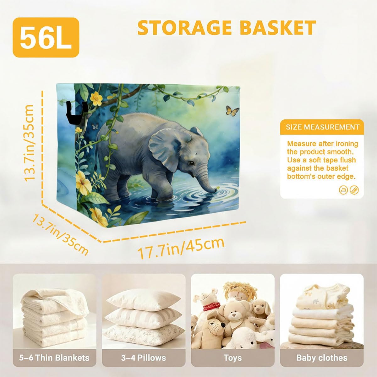 56L Elephant Rectangular Storage Bin,Laundry Basket Clothes Hamper with Handles,Foldable Blanket Storage Cotton Linen Laundry Hamper with Waterproof PE, Home Decor.