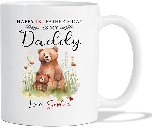 Taza de café personalizada con texto en inglés Happy First Father's Day As My Daddy, taza de café blanca personalizada con nombre de oso y oso bebé,