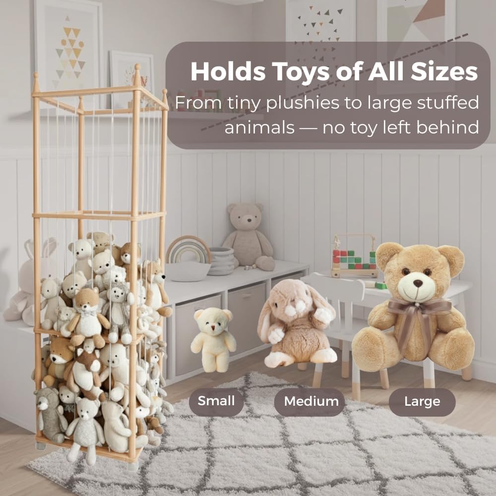 Wooden Stuffed Animal Storage Rack with Wheels, Wonder Space 54" Tall Toy Organizer for Kids Room, Safe & Eco-Friendly Plush Holder Shelf for Toddlers & Babies