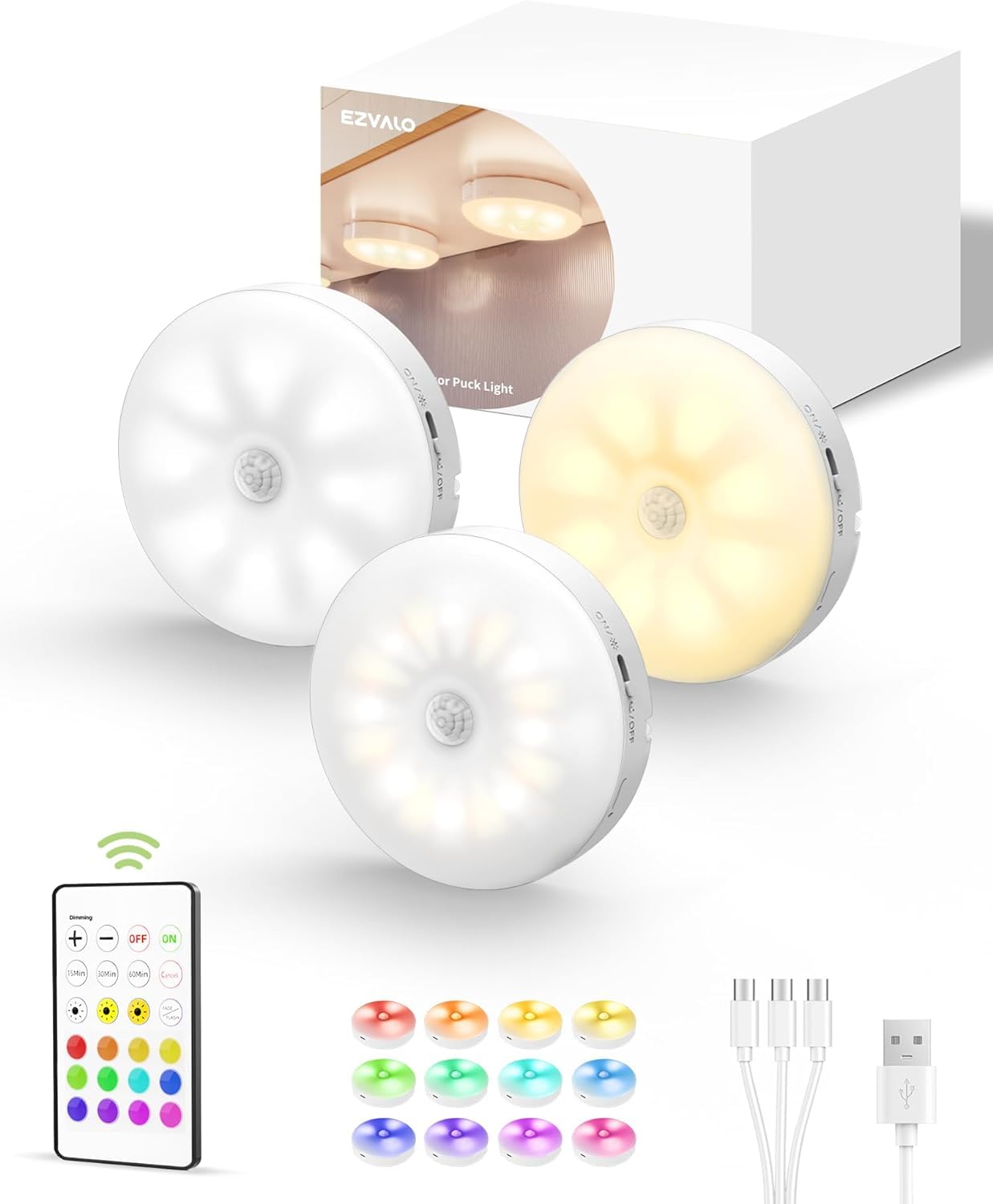 EZVALO Under Cabinet Lighting, 1000mAh Rechargeable Puck Lights with Remote, 3 Color Temps &amp; 12 RGB Motion Sensor Closet Lights, Dimmable Under Cabinet Lights for Kitchen, Cabinets, Closet (3 Packs)