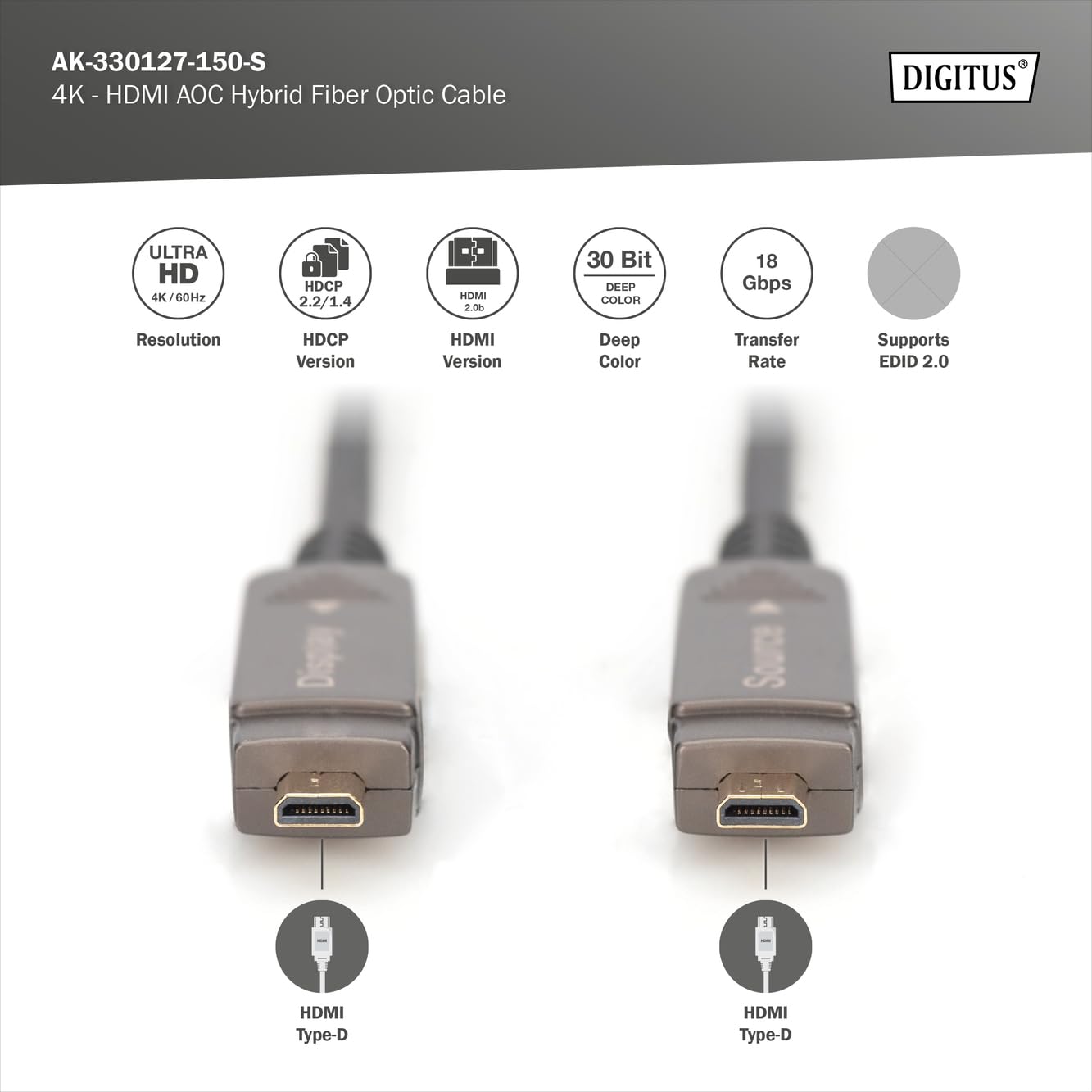 Digitus HDMI AOC Hybrid fibre optic cable, 15m, HDMI 2.0b, 4k/60Hz, detachable connectors, compatible with TV/beamer/monitor - Image 3