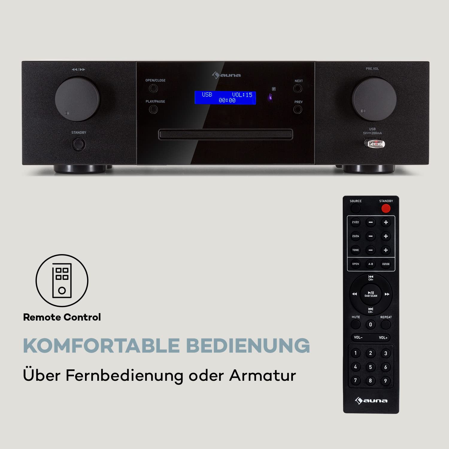 Auna CD-1000 DG, CD-Player HiFi, USB, MP3, Fernbedienung, mit LED-Display, CD Receiver Aluminium, schwarz