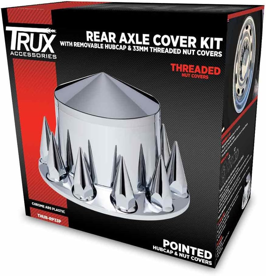 Trux Accessories THUB-RP33P Wheel Accessories - Axle Cover - Pointed Chrome Plastic Rear Hub Cover with 33mm Threaded Nut Covers