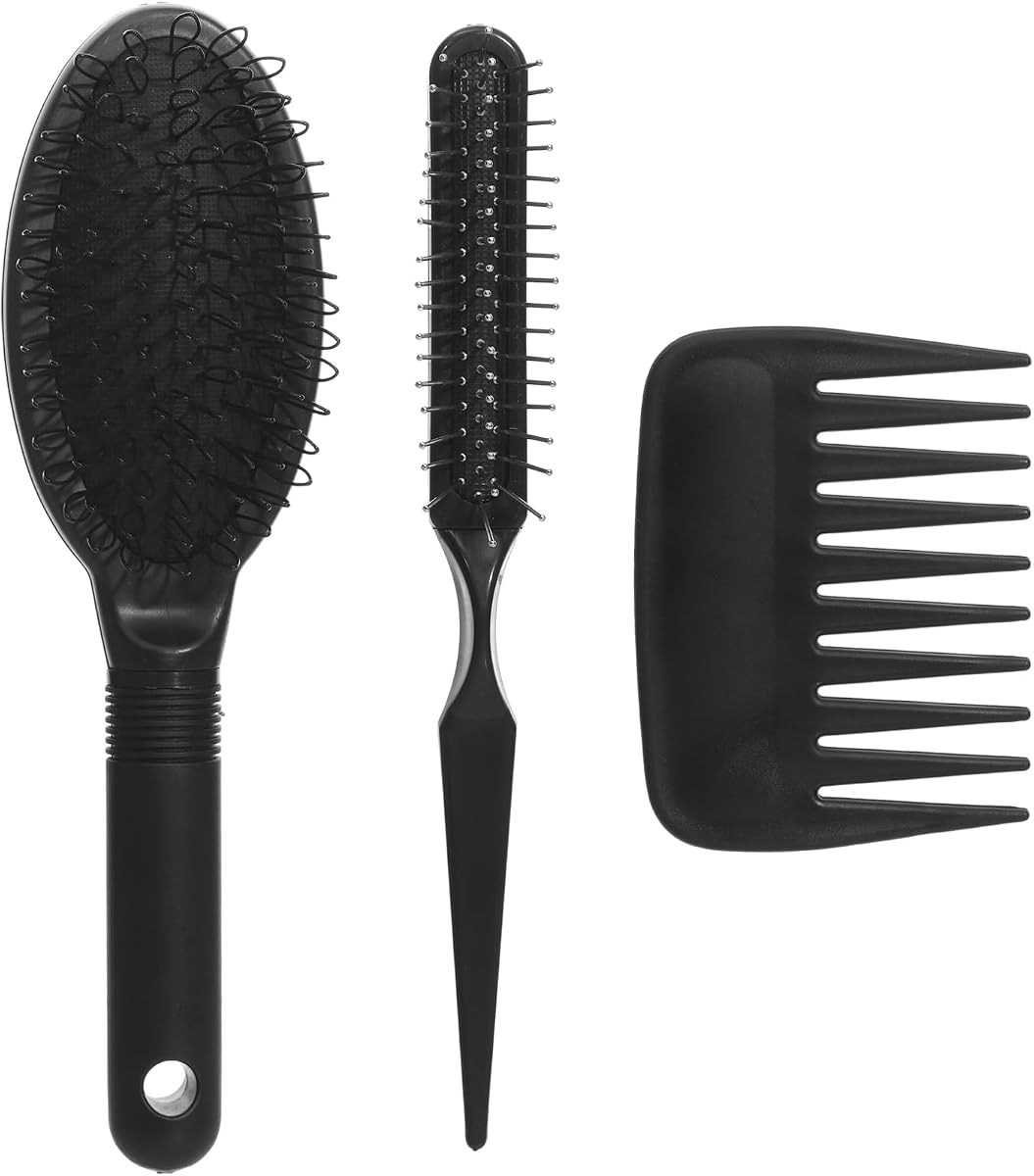 obeoby 3Pcs Wig Brush Comb Set for Wigs & Extensions, Black | Loop Brush, Wide-Tooth Comb & Edge Comb; Gentle Detangling for Human Hair, Synthetic Wigs, Lace Fronts & Extensions