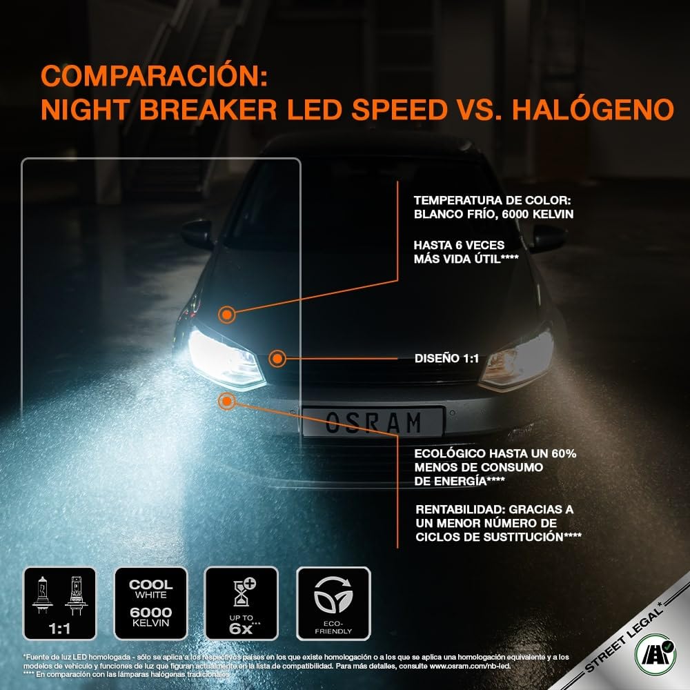 OSRAM NIGHT BREAKER LED SPEED H7 450, LED de luz de carretera y de cruce homologado para calle, hasta un 450% más de brillo, 6000K, sin necesidad de accesorios mecánicos, LEDEC02 integrado