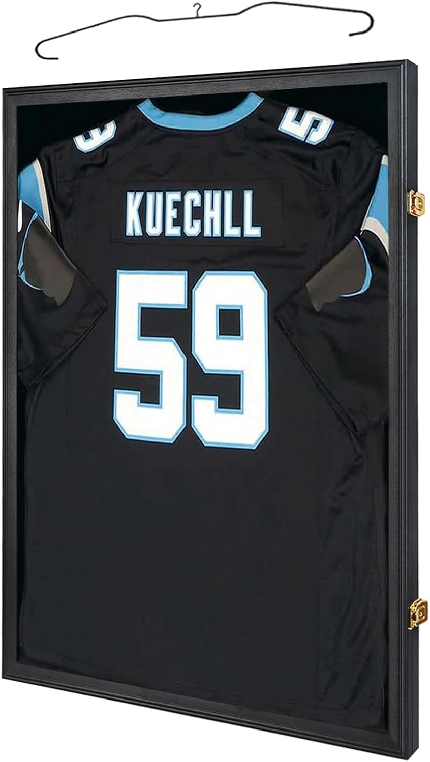 IHEIPYE Jersey Frame Display Case Shadow Box - Lockable With 98% UV Protection Acrylic and Hanger for Baseball, Basketball, Football, Soccer, Hockey 2XL Sport Shirt and Uniform - Black