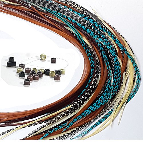 Feather Hair Extensions, 100% Real Rooster Feathers, 20 Long Thin Loose Individual Feathers Plus 20 Beads and Loop Tool Kit, By Sexy Sparkles