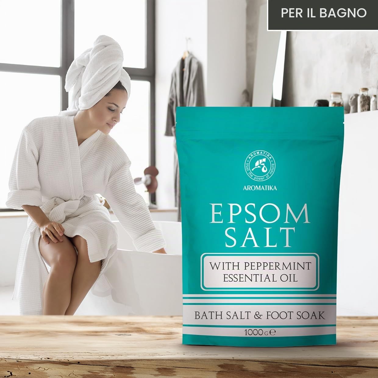 Sali di Epsom di Menta Piperita 3000g - Sali di Epsom con Olio Essenziale di Menta Piperita - Puro e Naturale al 100% - Solfato di Magnesio Concentrato - Lenitivo e allevia la fatica - Rilassamento
