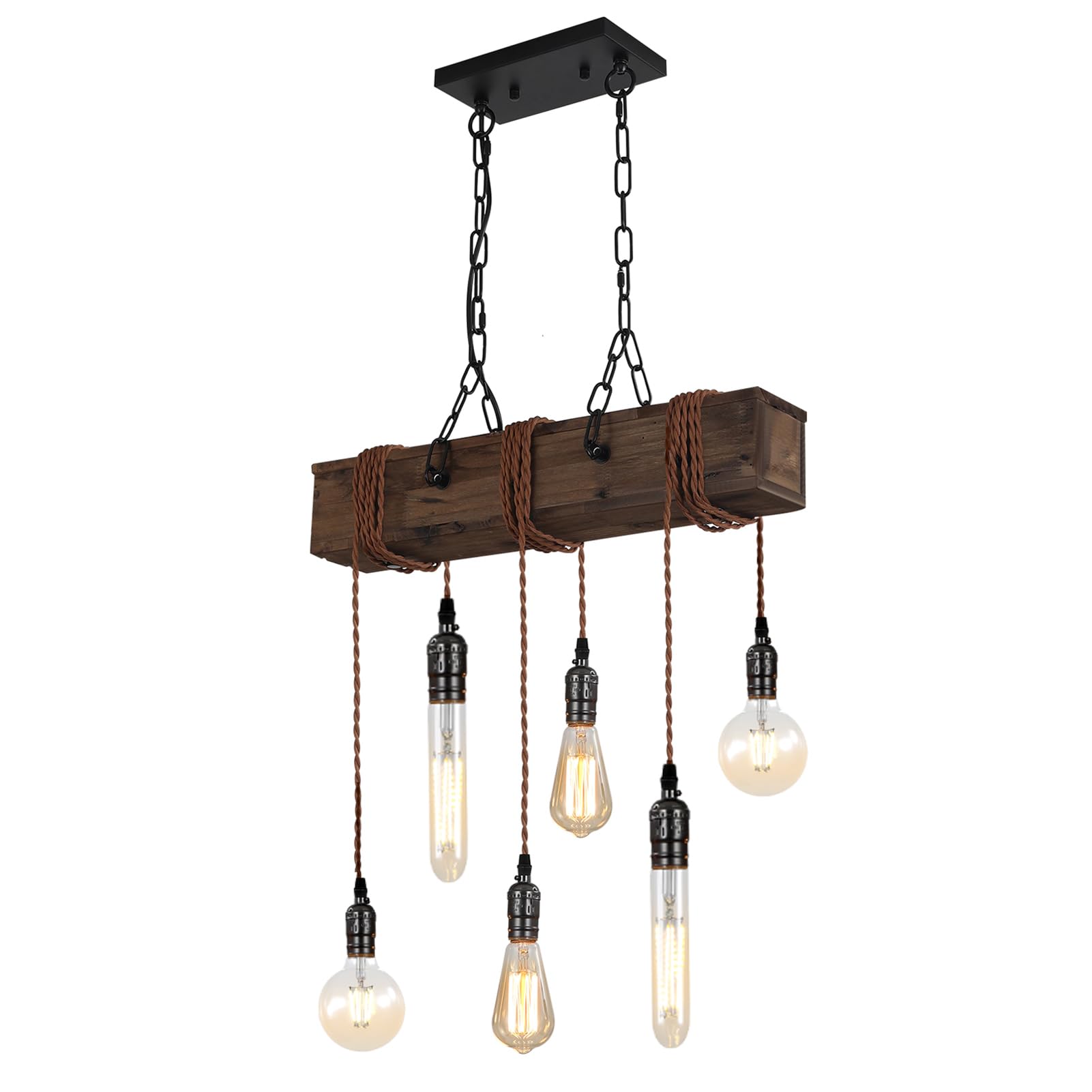 SEEBLEN 6-Lights Farmhouse Kitchen Island Pendant Light, Rustic Wood Chandeliers for Dining Room,Height Adjustable Island Light,Dining Room Bar Restaurant Cafe Pool Table. — image 1
