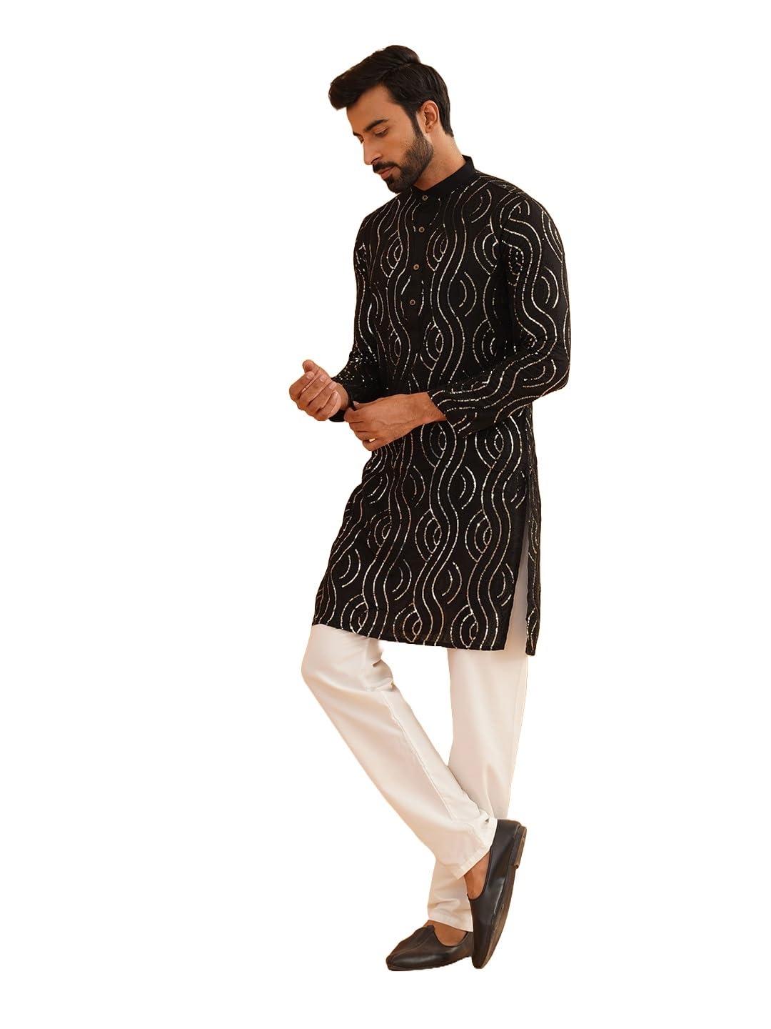Sojanya (Since 1958 Men's Embroidered Sequinned Cotton Black Kurta With Churidar Pyjama Set