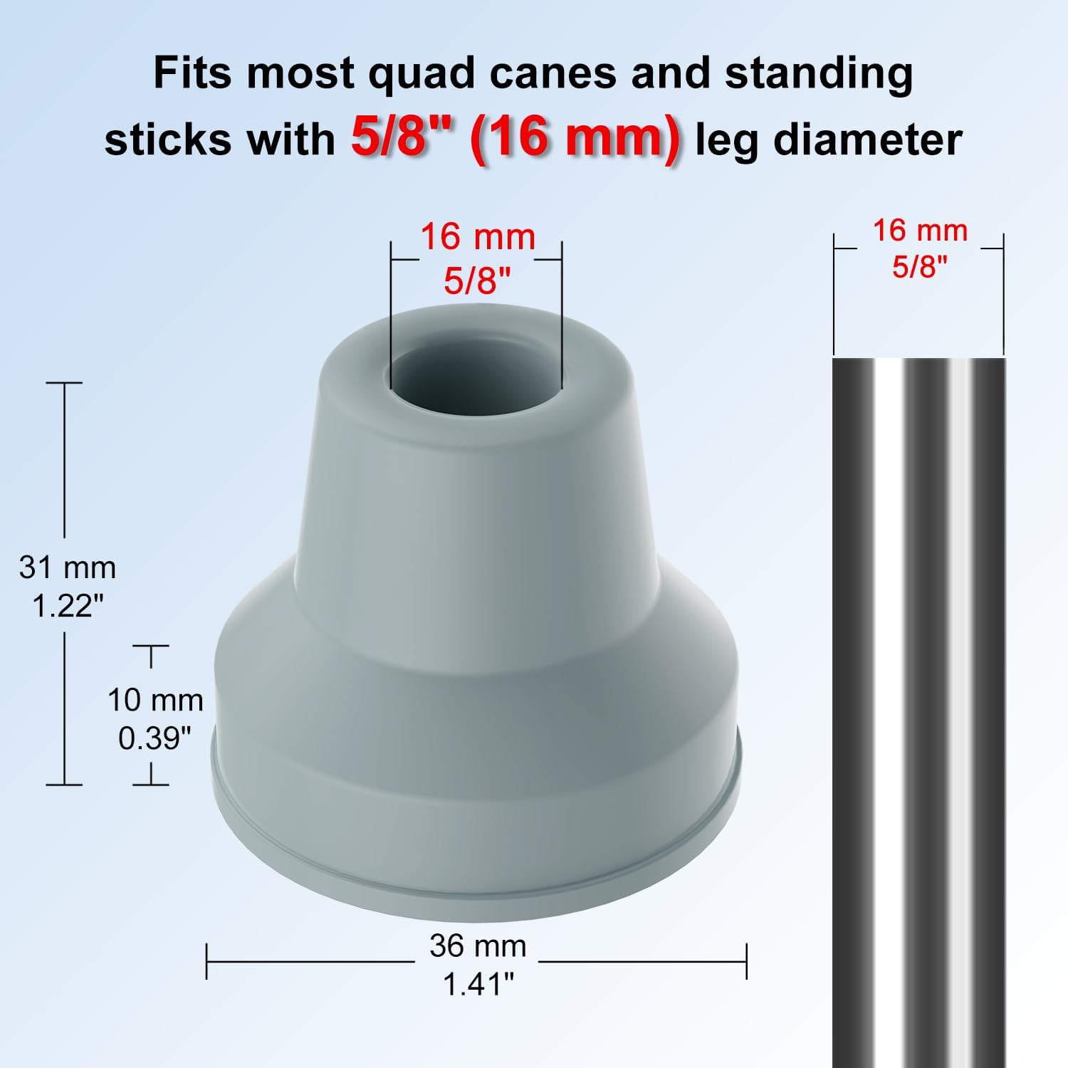 supregear 12 PCS Quad Cane Tips, 5/8 inch Rubber Cane Tip Heavy Duty Non-Slip Extreme Grip Cane Replacement Foot Accessories for Walking and Standing Stick for Women Men Seniors Elderly, Grey