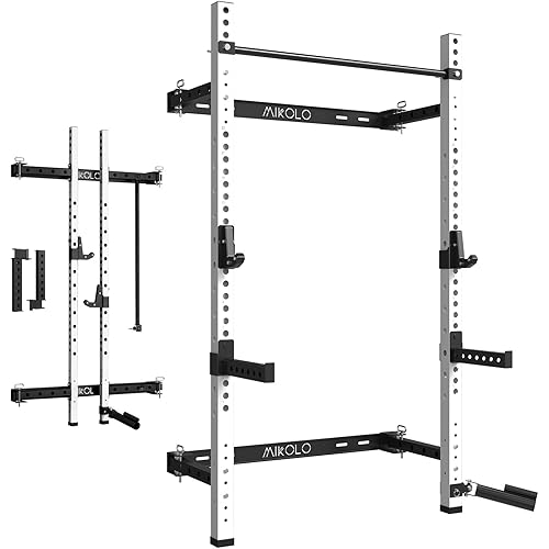 Mikolo 2" x 2" Folding Wall Mounted Squat Rack, 1000 Pounds Capacity Power Rack with Pull Up Bar, J Hooks and Other Attachments, Space-Saving Home Gym