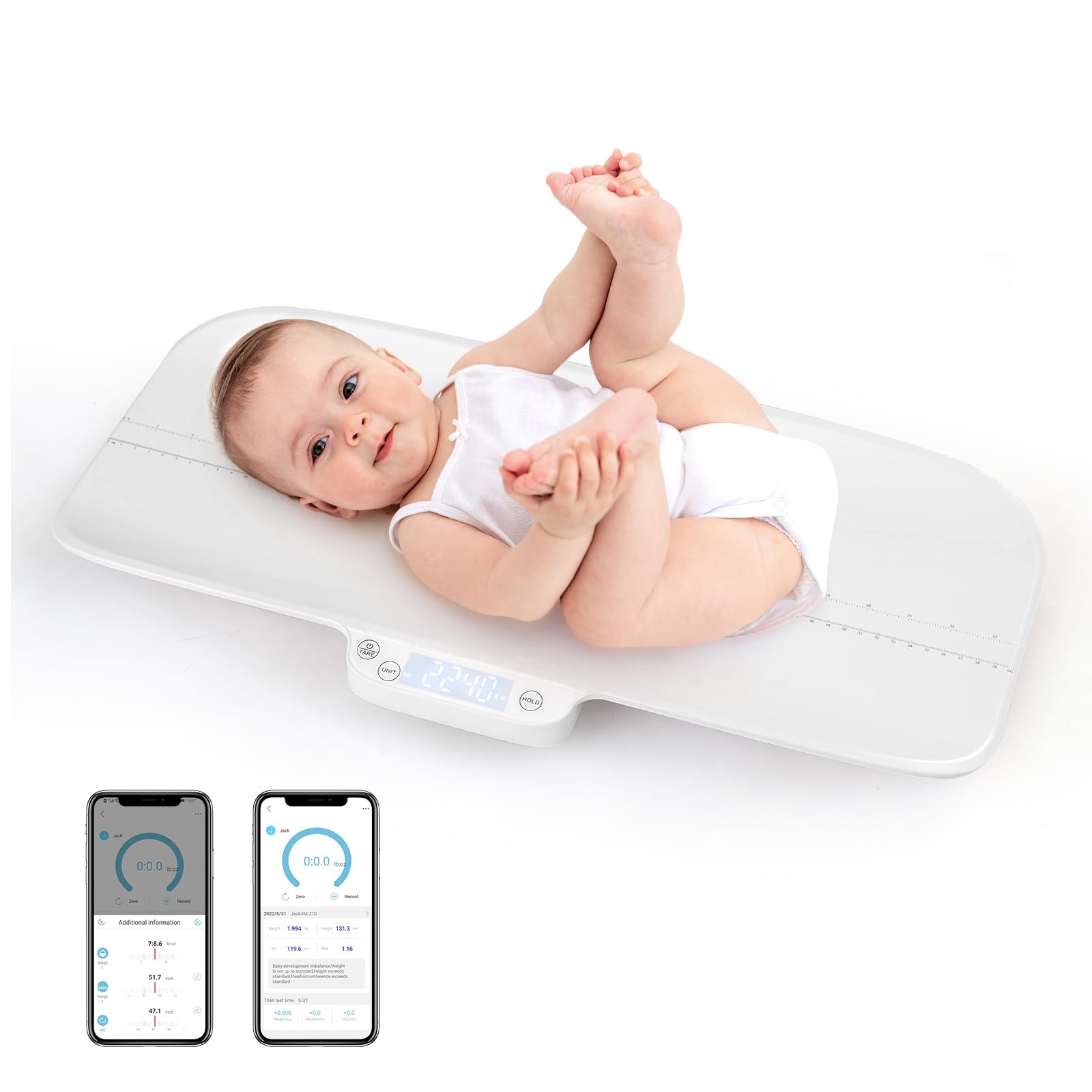 LIFEZEAL Báscula Digital para Bebés con Bluetooth, Báscula Eléctrica con Función Táctil, 2g de Precisión, Superficie Dentada, 10-30kg Báscula para Mascotas, Cocina