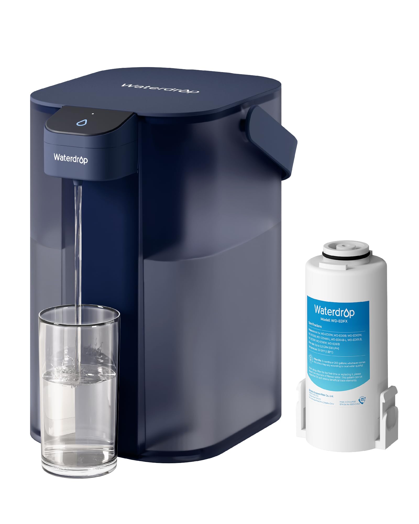Waterdrop Pichet à eau électrique à action instantanée et filtre de 3 mois - Système de filtration d'eau de 3,5 l - Réduit 98 % de chlore et plus de 20 impuretés - Bleu