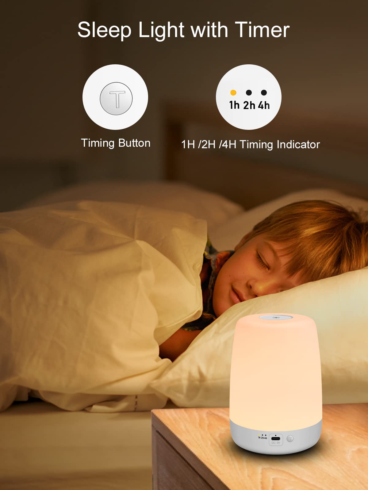 Luz nocturna para niños y guardería, lámpara táctil recargable, lámpara de lactancia portátil con luz suave y cálida para recién nacido, 3 temporizadores, hasta 200 horas