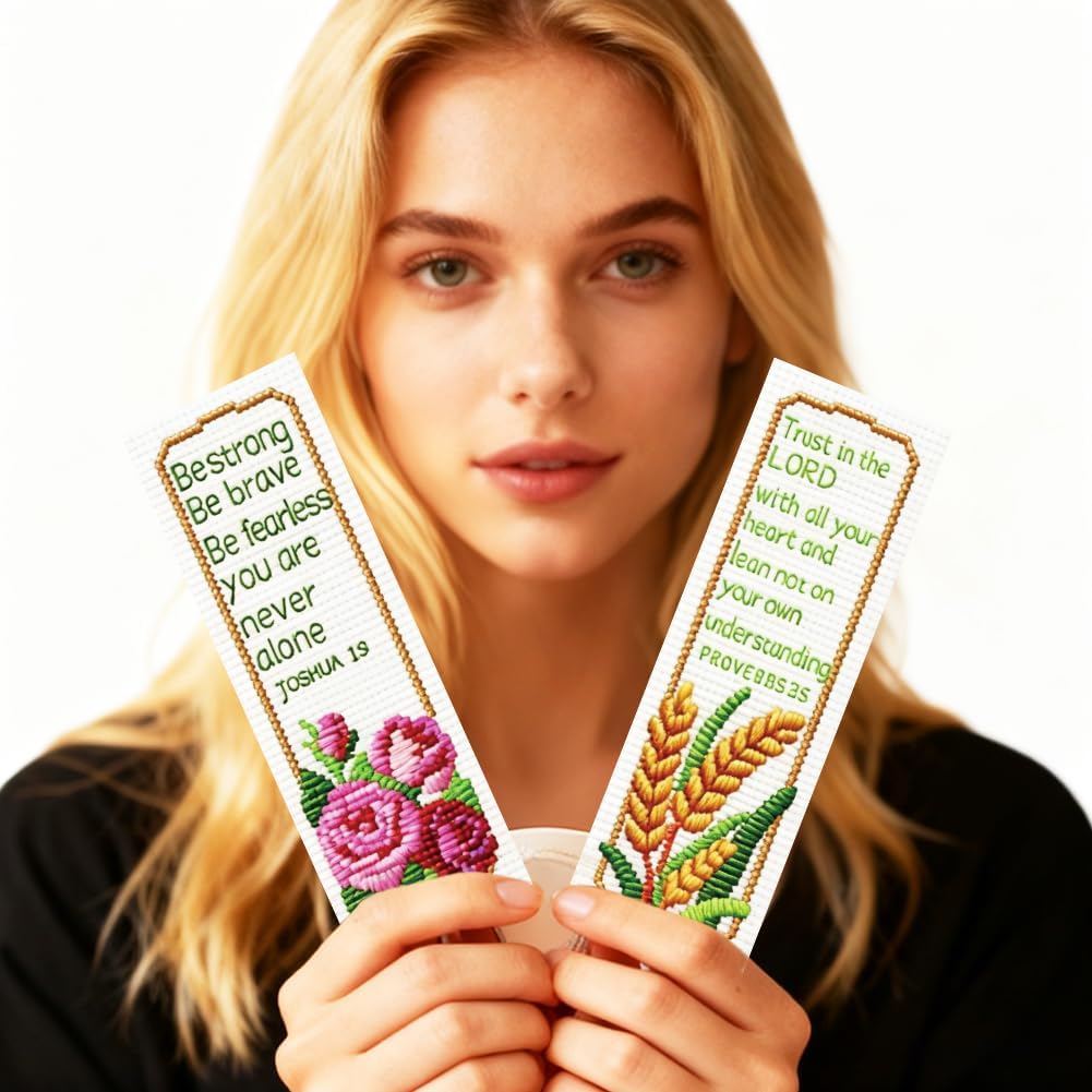 ORIGACH 6 Set Floral Scripture & Inspirational Verse Cross Stitch Bookmark Kit for Beginner with Backing Felt Floss Instructions DIY Rose Tulip Stamped Embroidery Bookmark Kit for Adults, Book Lovers