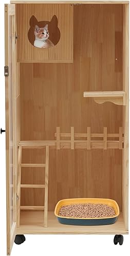 Kit de casa para gatos, caja grande de madera para gatos con rampa y cubierta, jaula grande para mascotas con luz LED y ruedas, casas para gatos de