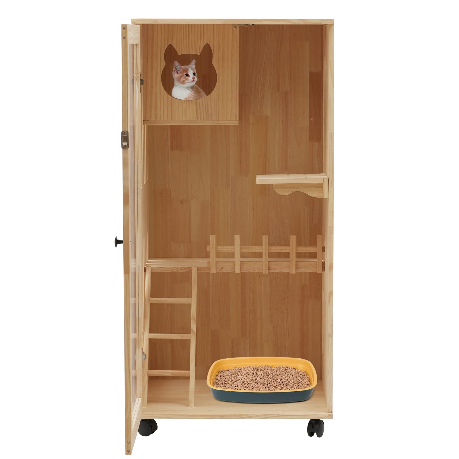 Wooden Cat House Large Space, Cat House Catio Outdoor Cat Enclosure Wooden Cage Large Cat Cage with Wheels, Clear Door and Capsule Bed